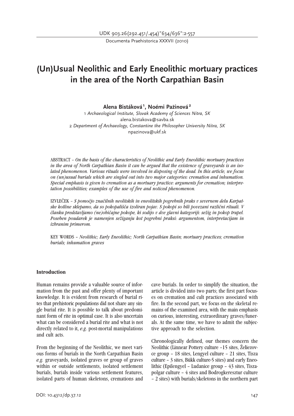 Usual Neolithic and Early Eneolithic Mortuary Practices in the Area of the North Carpathian Basin