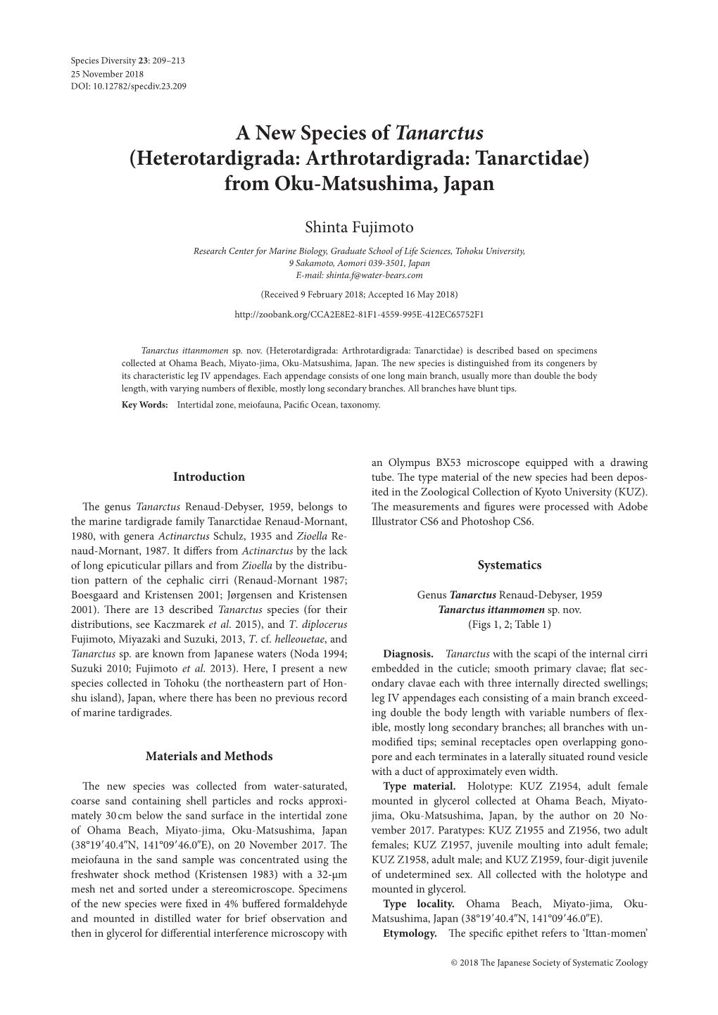 A New Species of Tanarctus (Heterotardigrada: Arthrotardigrada: Tanarctidae) from Oku-Matsushima, Japan