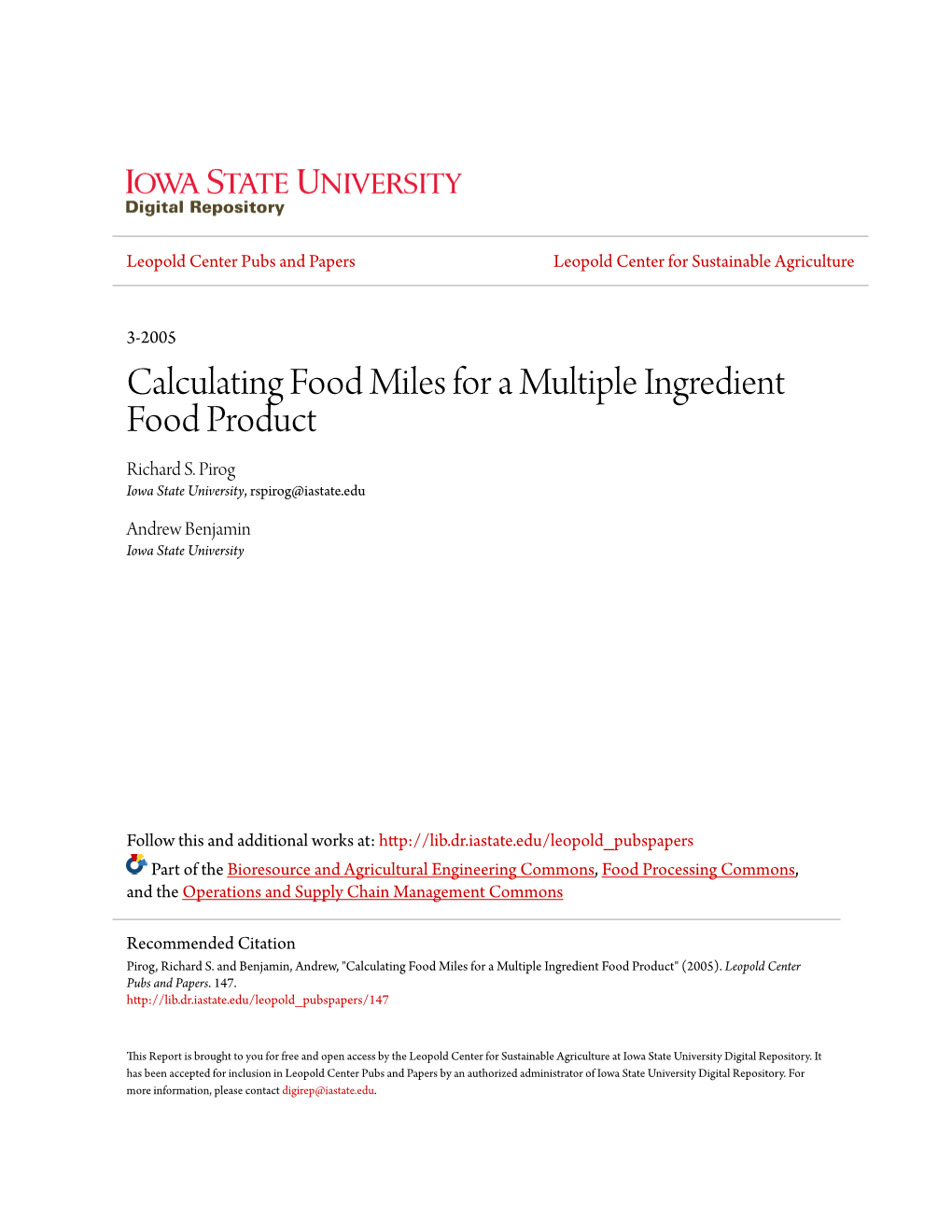 Calculating Food Miles for a Multiple Ingredient Food Product Richard S