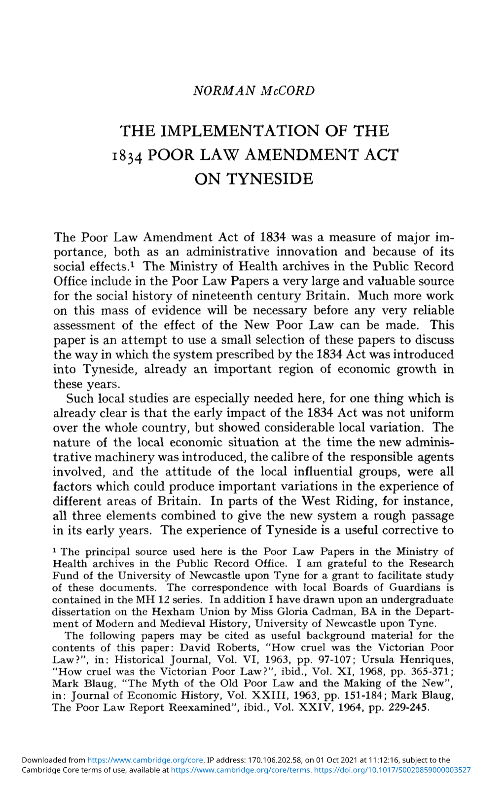 The Implementation of the 1834 Poor Law Amendment Act on Tyneside