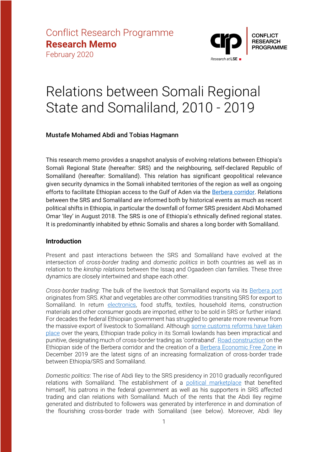 Relations Between Somali Regional State and Somaliland, 2010 - 2019