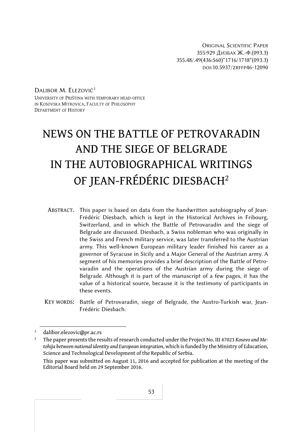 News on the Battle of Petrovaradin and the Siege of Belgrade in the Autobiographical Writings of Jean-Frédéric Diesbach2