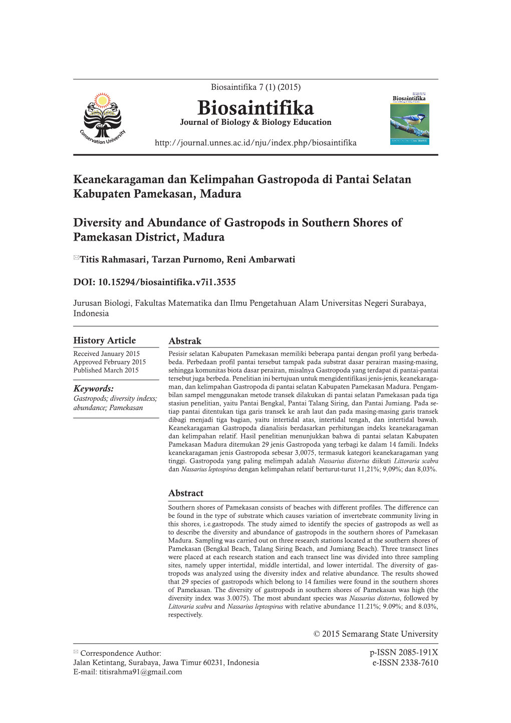 Biosaintifika 7 (1) (2015) Biosaintifika Journal of Biology & Biology Education