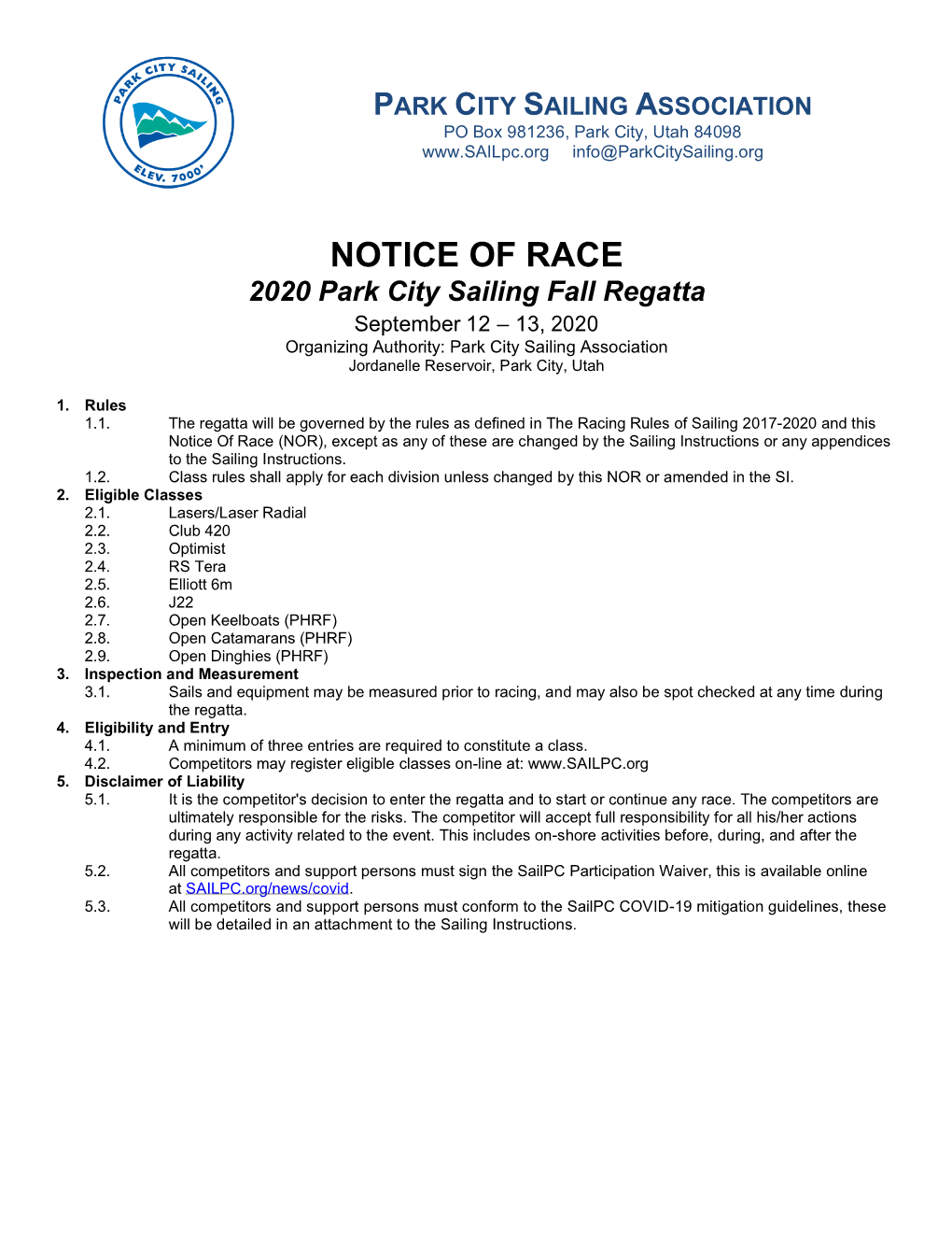 2020 Park City Sailing Fall Regatta Notice of Race