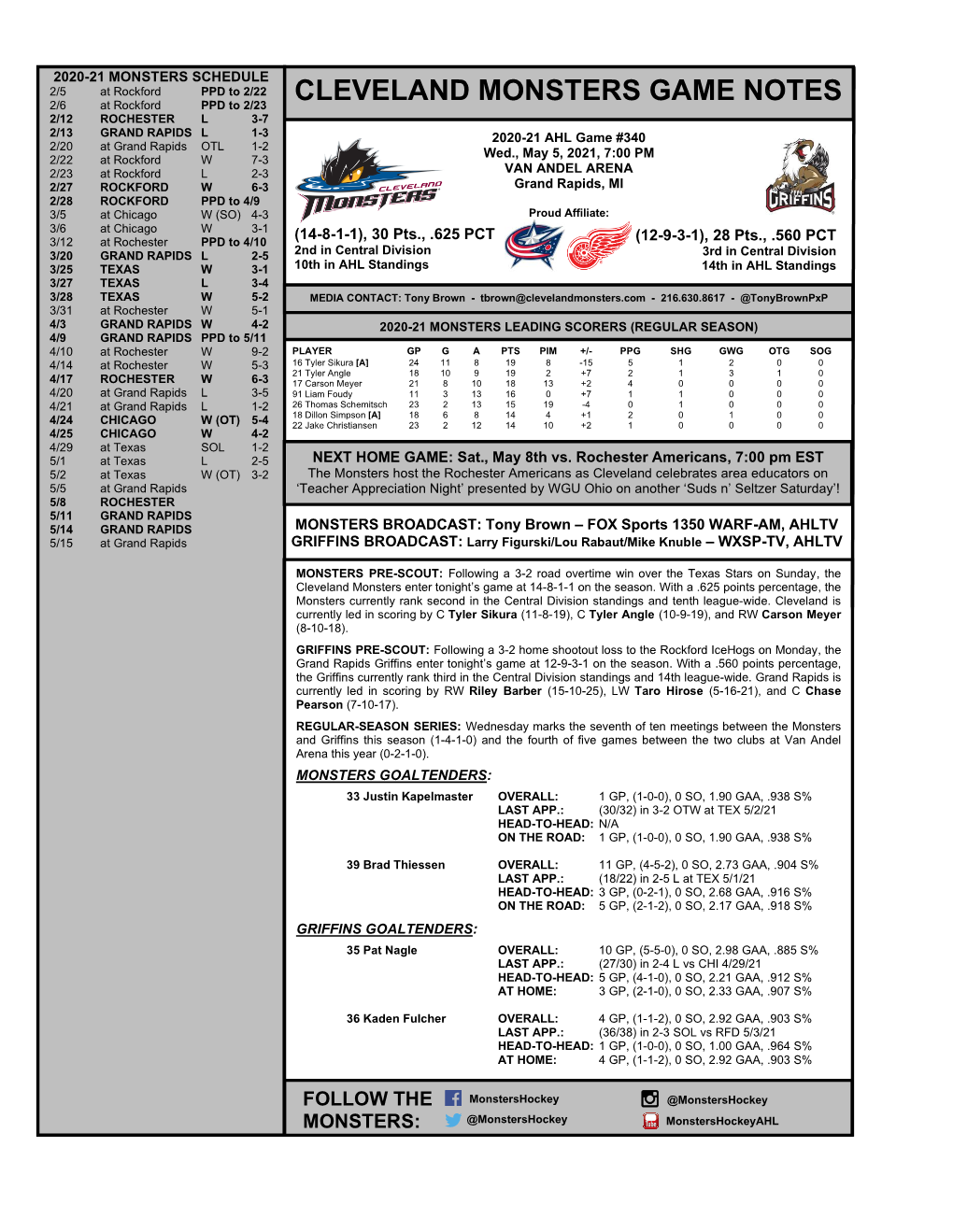 Cleveland Monsters Game Notes