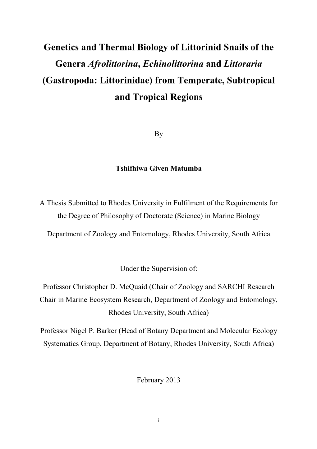 Genetics and Thermal Biology of Littorinid Snails of The