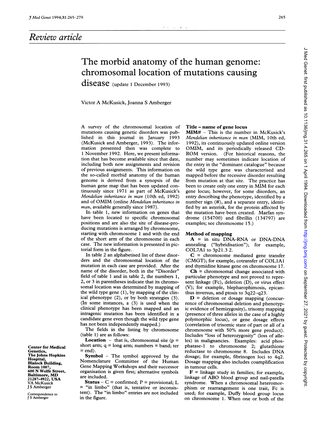 Review Article J Med Genet: First Published As 10.1136/Jmg.31.4.265 on 1 April 1994