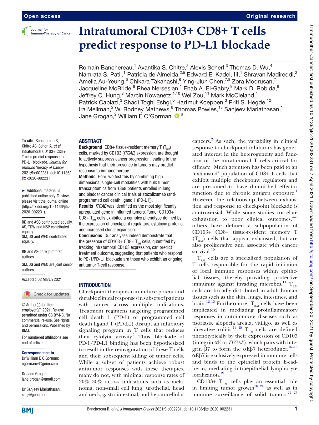 Intratumoral CD103+ CD8+ T Cells Predict Response to PD-L1 Blockade