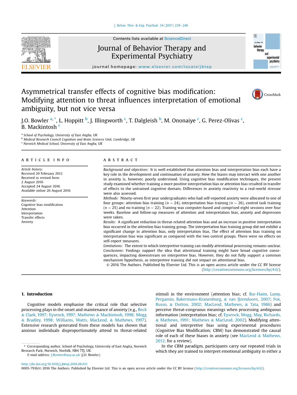 Asymmetrical Transfer Effects of Cognitive Bias Modification