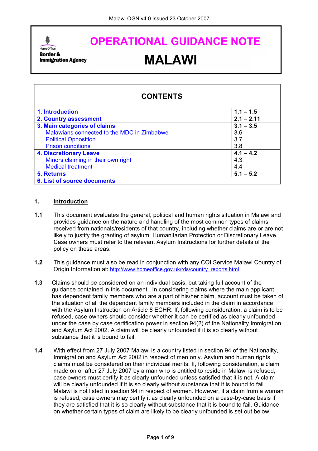 Malawi OGN V4.0 Issued 23 October 2007