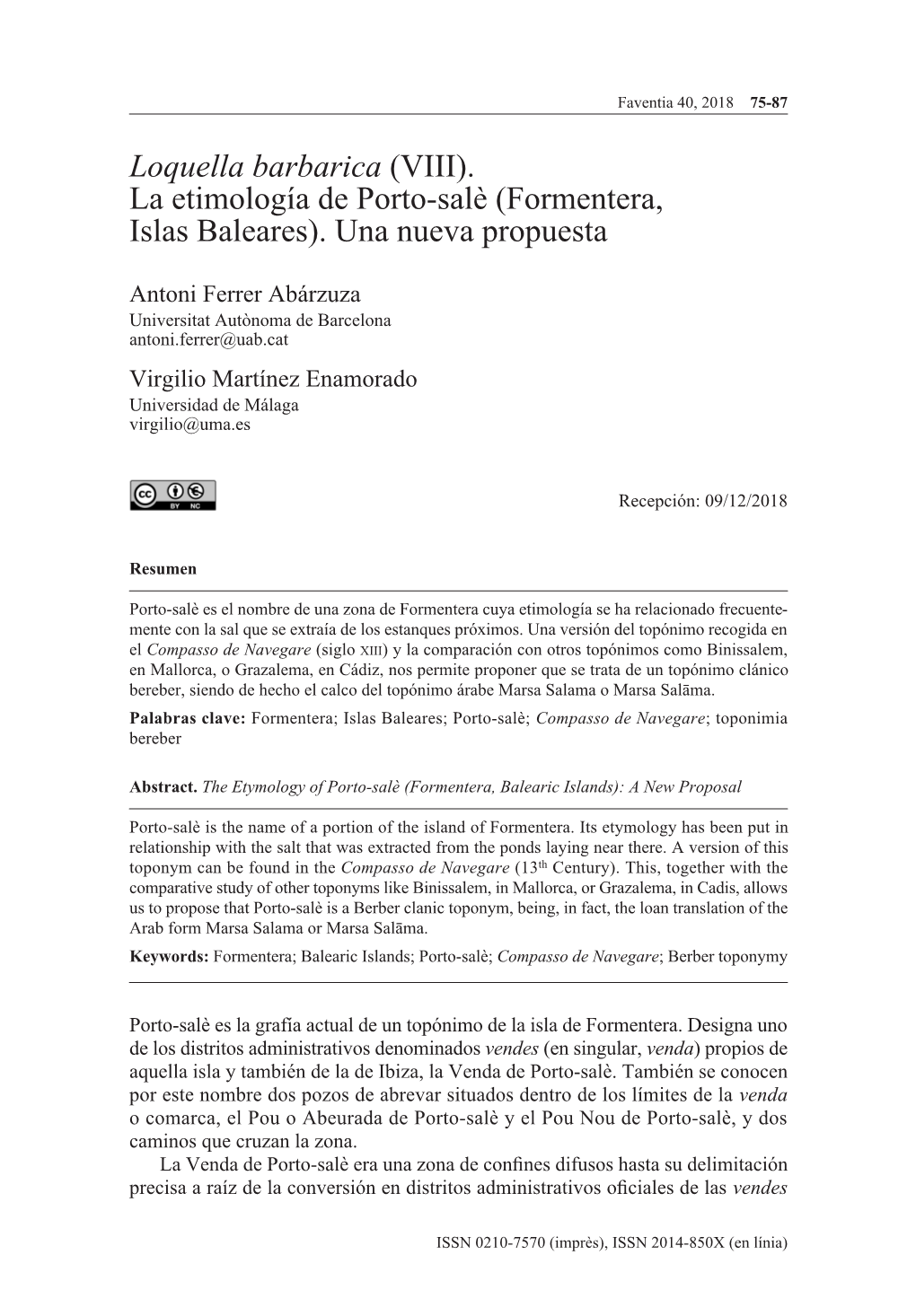 (VIII). La Etimología De Porto-Salè (Formentera, Islas Baleares). Una Nueva Propuesta