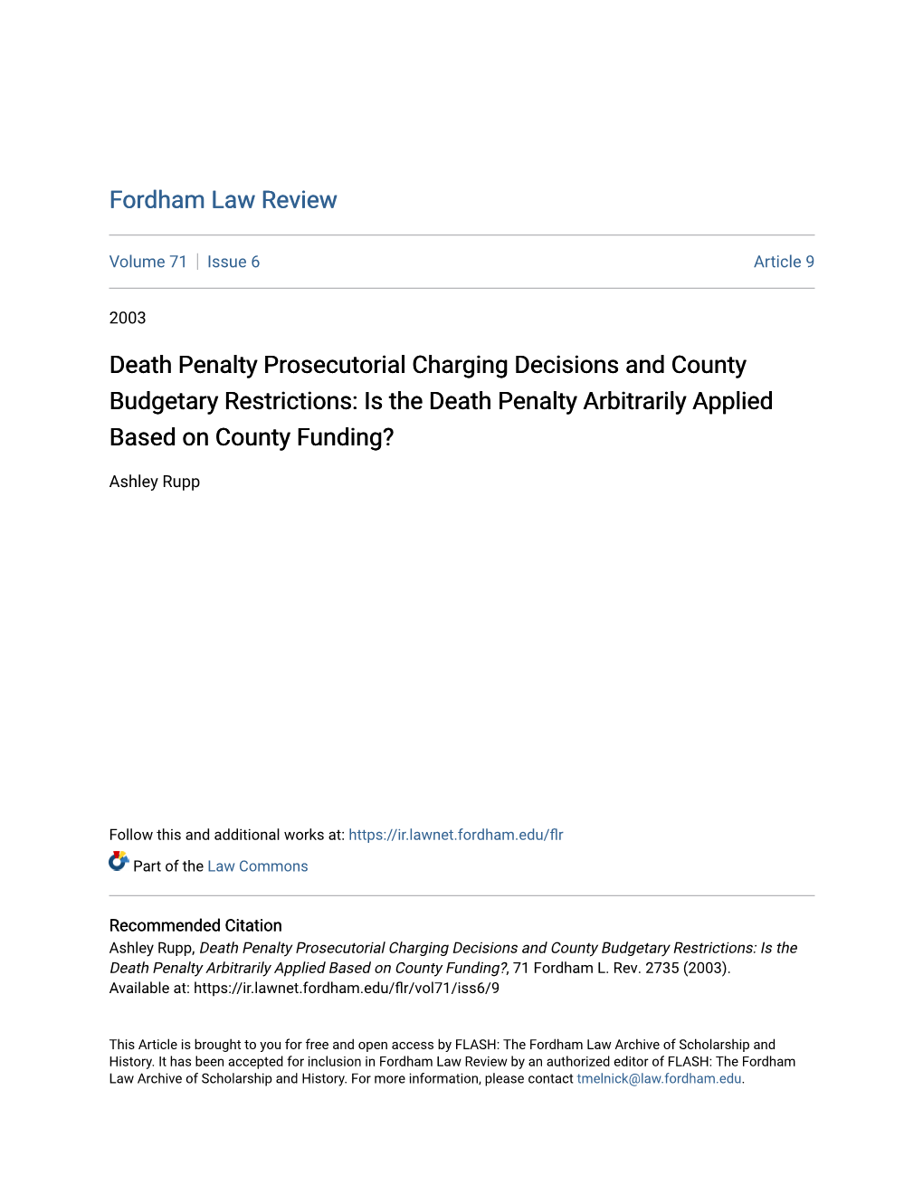 Death Penalty Prosecutorial Charging Decisions and County Budgetary Restrictions: Is the Death Penalty Arbitrarily Applied Based on County Funding?