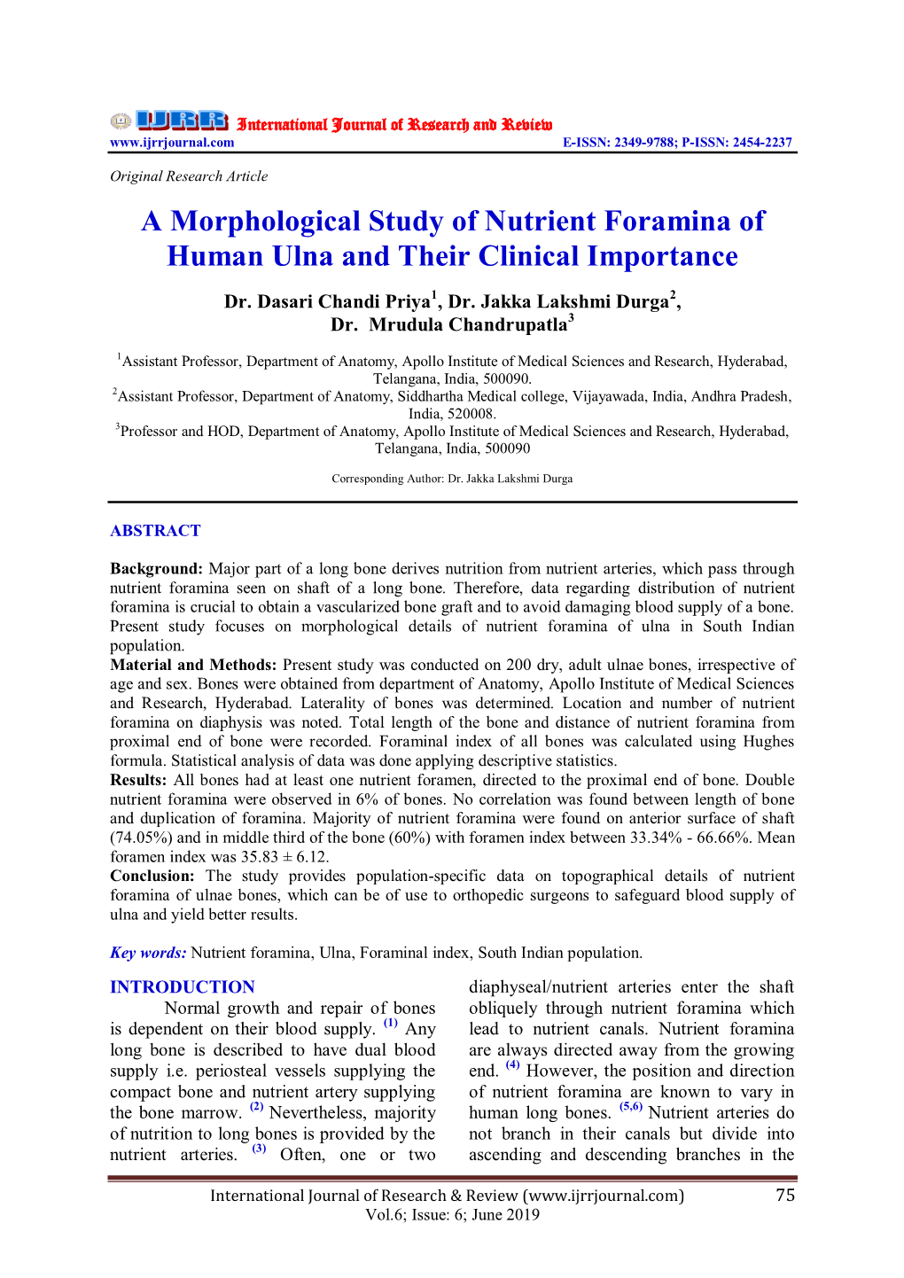 A Morphological Study of Nutrient Foramina of Human Ulna and Their Clinical Importance