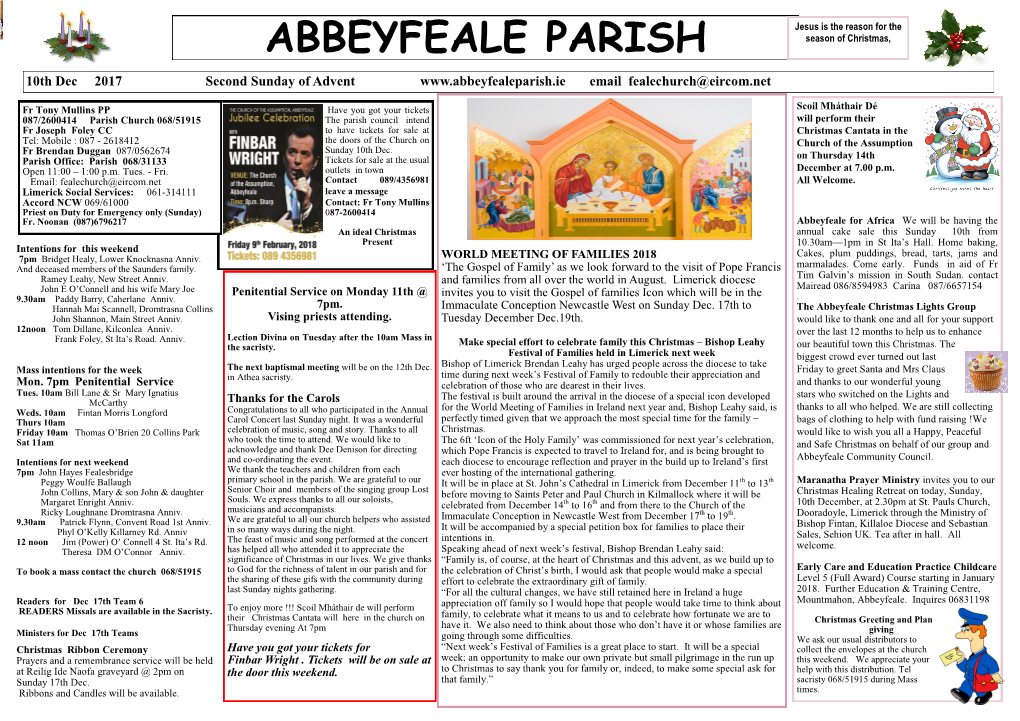 ABBEYFEALE PARISH Season of Christmas, 10Th Dec 2017 Second Sunday of Advent Email Fealechurch@Eircom.Net