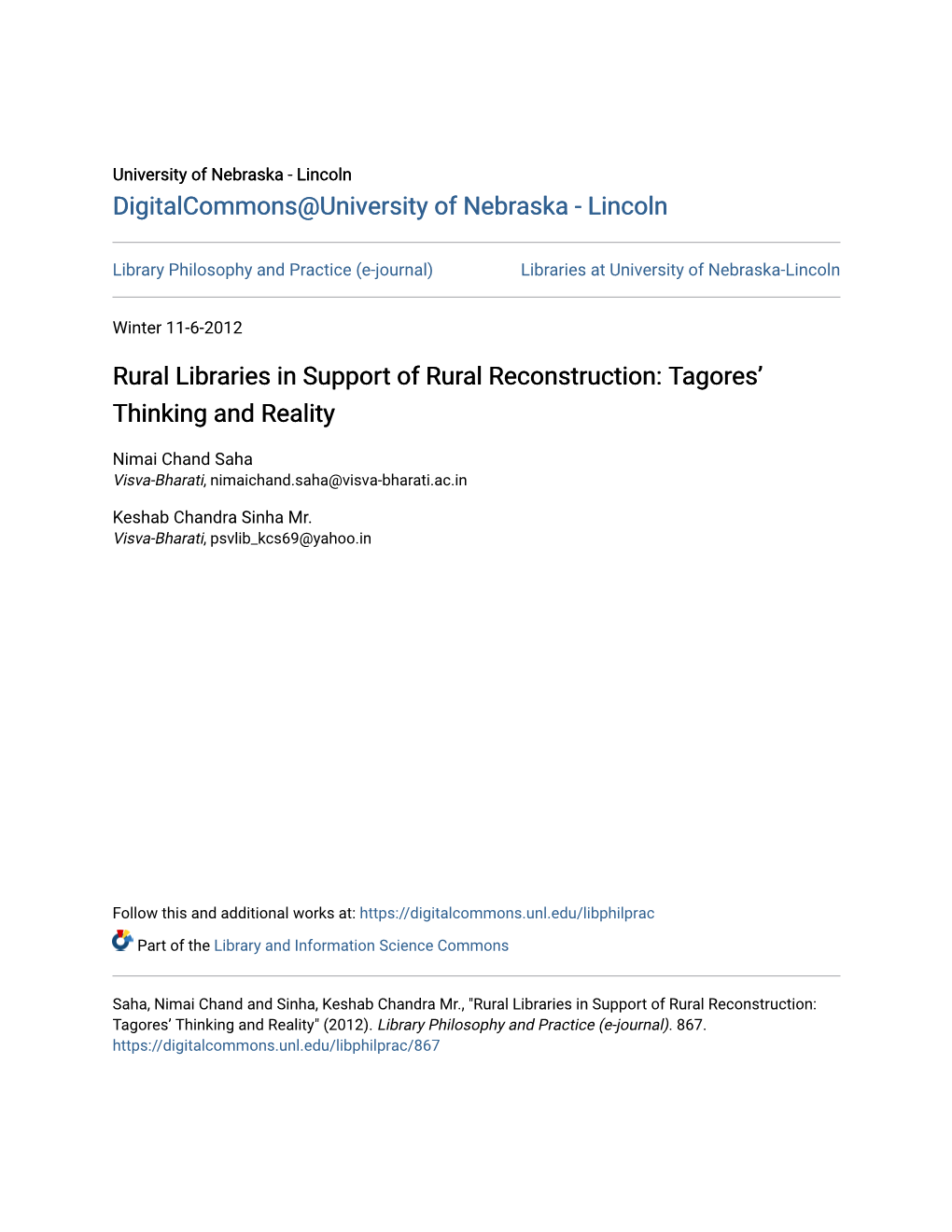 Rural Libraries in Support of Rural Reconstruction: Tagores’ Thinking and Reality