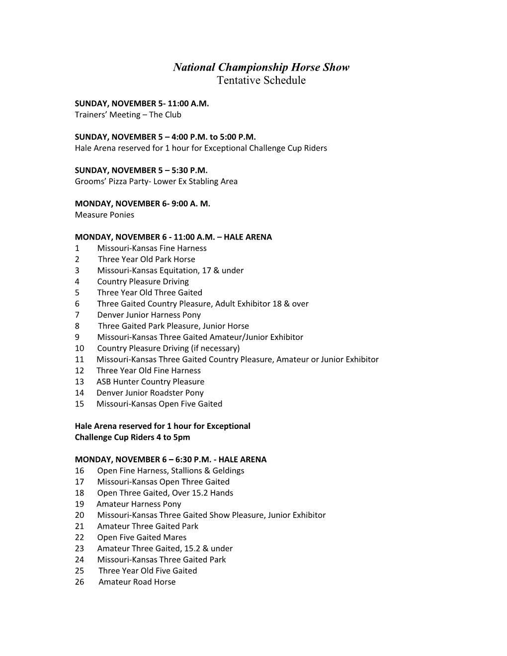 National Championship Horse Show Tentative Schedule