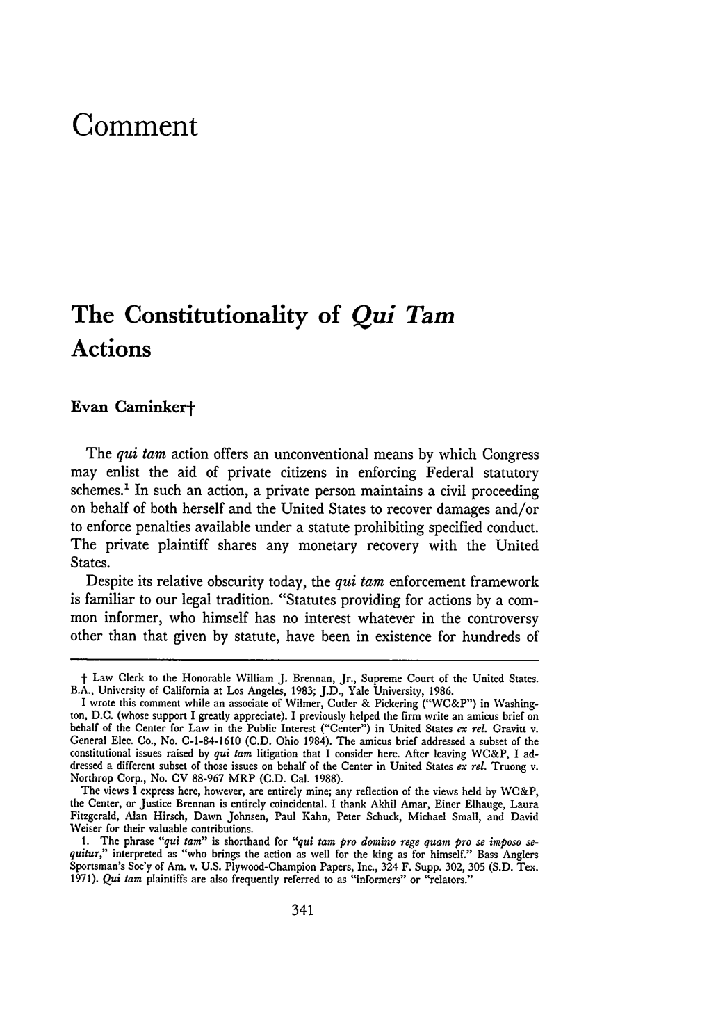 The Constitutionality of Qui Tam Actions