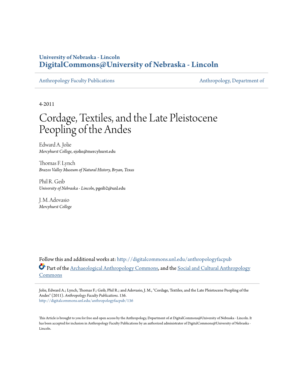 Cordage, Textiles, and the Late Pleistocene Peopling of the Andes Edward A