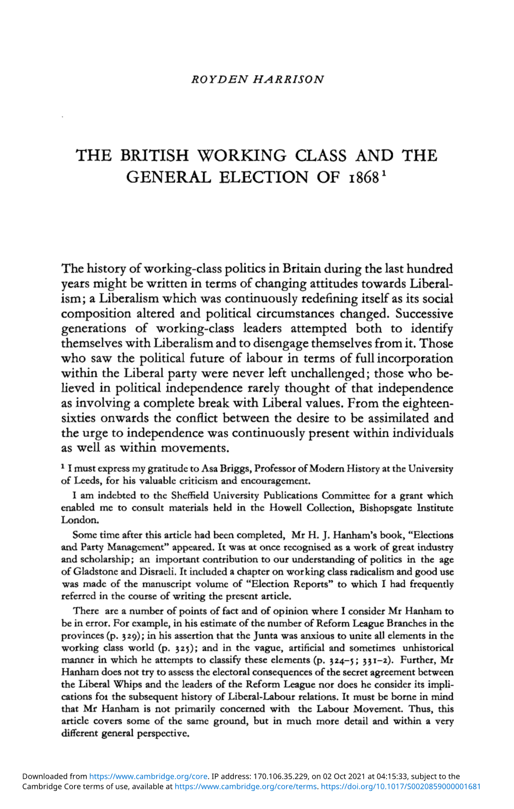 The British Working Class and the General Election of 1868 1