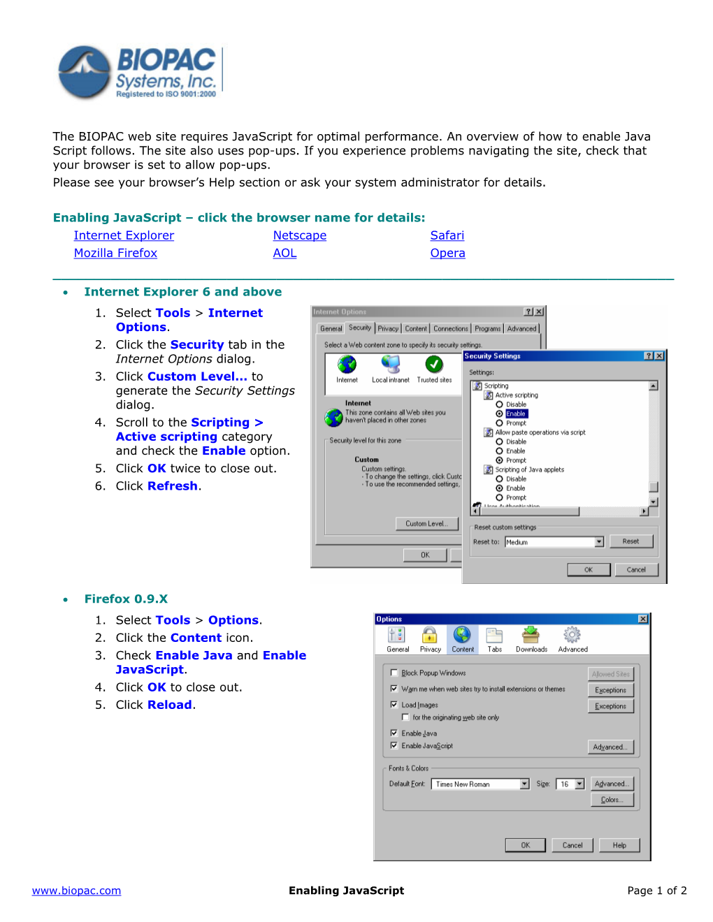 The BIOPAC Web Site Requires Javascript for Optimal Performance. an Overview of How to Enable Java Script Follows