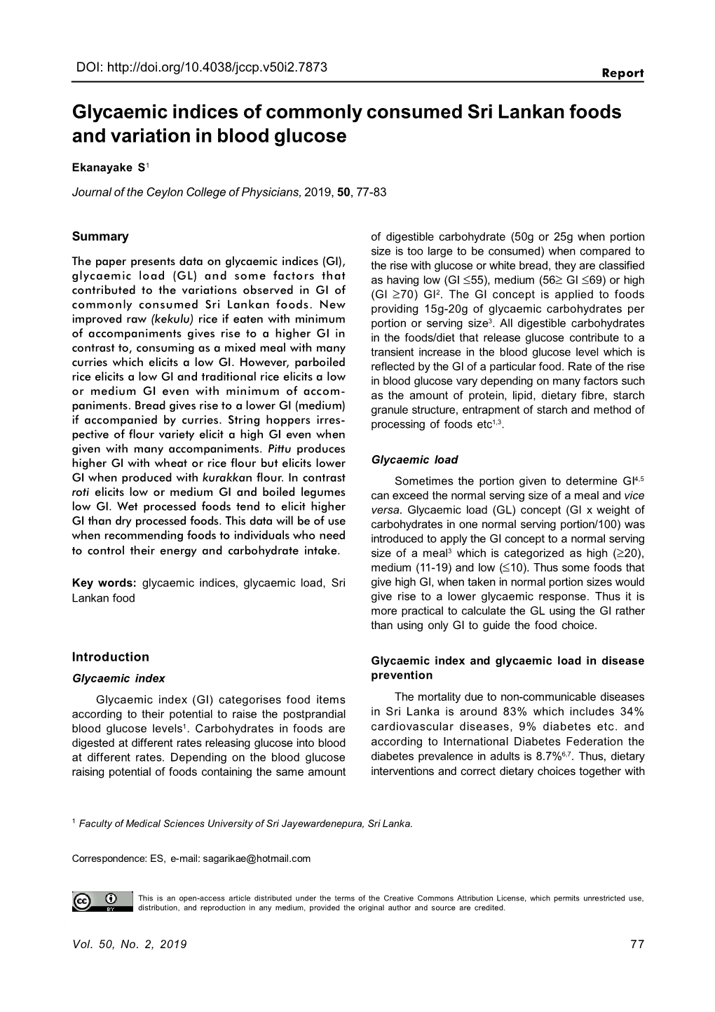 Glycaemic Indices of Commonly Consumed Sri Lankan Foods and Variation in Blood Glucose