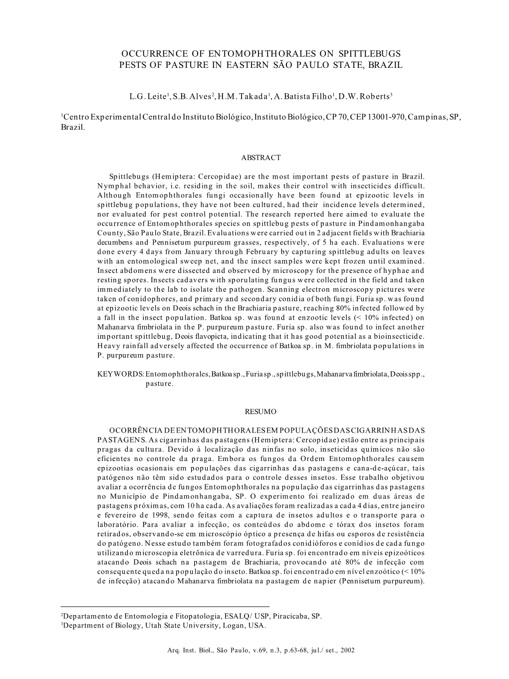 Occurrence of Entomophthorales on Spittlebugs Pests of Pasture in Eastern São Paulo State, Brazil