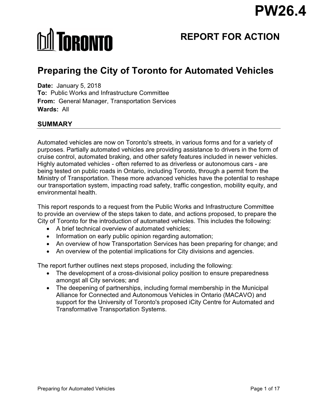 Preparing the City of Toronto for Automated Vehicles