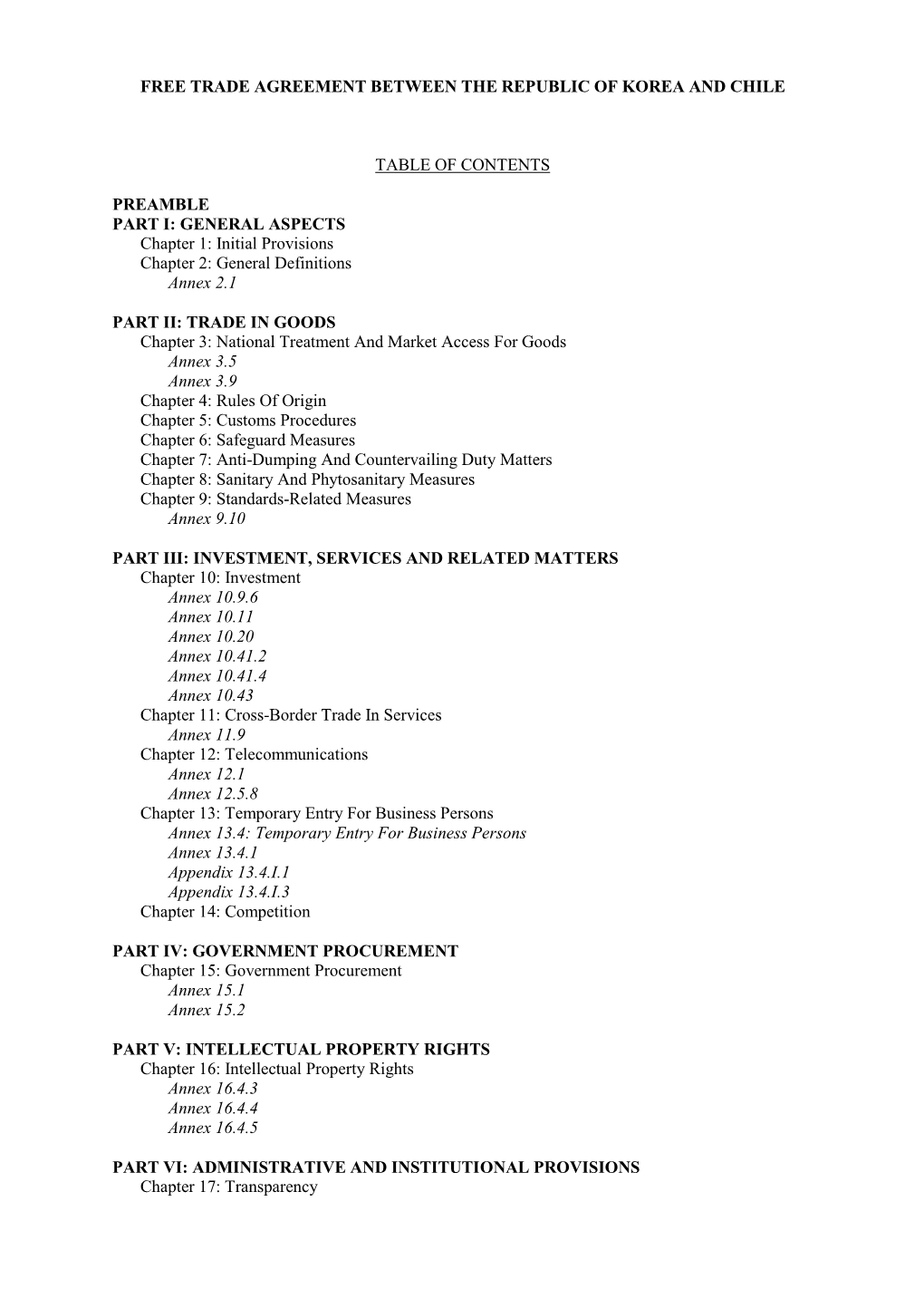 Free Trade Agreement Between the Republic of Korea and Chile