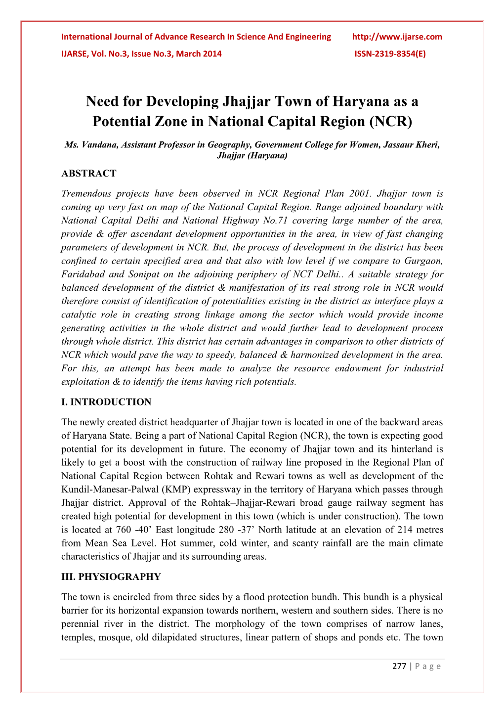 Need for Developing Jhajjar Town of Haryana As a Potential Zone in National Capital Region (NCR)