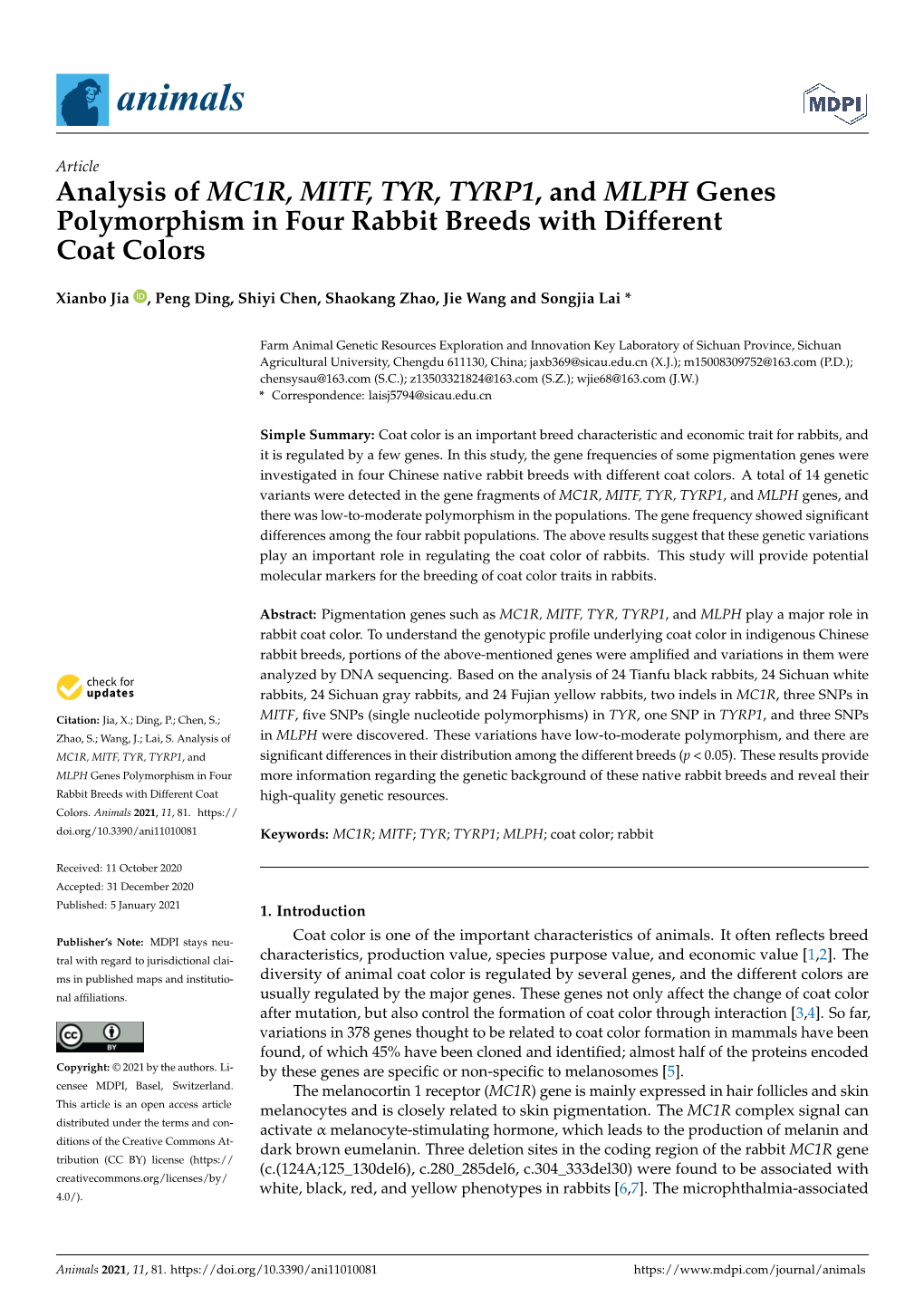 Analysis of MC1R, MITF, TYR, TYRP1, and MLPH Genes Polymorphism in Four Rabbit Breeds with Different Coat Colors