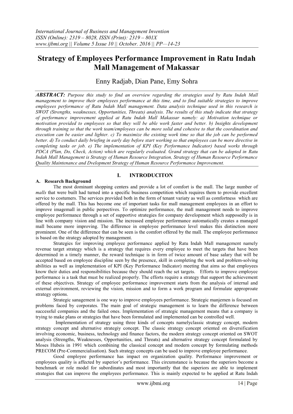 Strategy of Employees Performance Improvement in Ratu Indah Mall Management of Makassar