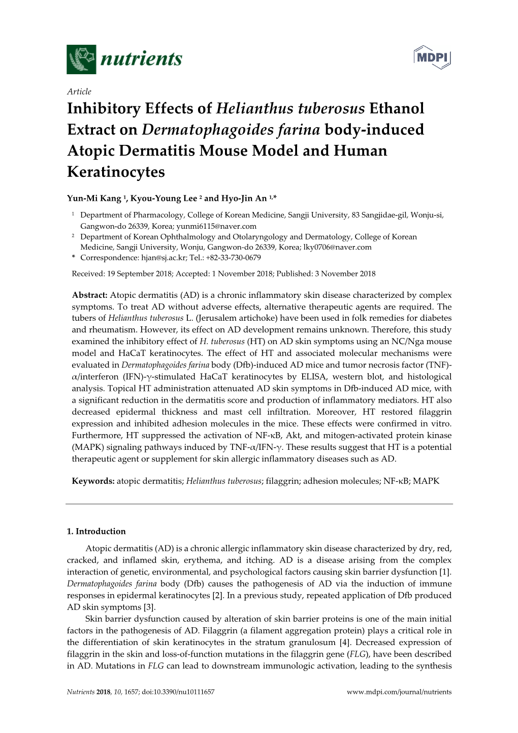 Inhibitory Effects of Helianthus Tuberosus Ethanol Extract on Dermatophagoides Farina Body-Induced Atopic Dermatitis Mouse Model and Human Keratinocytes