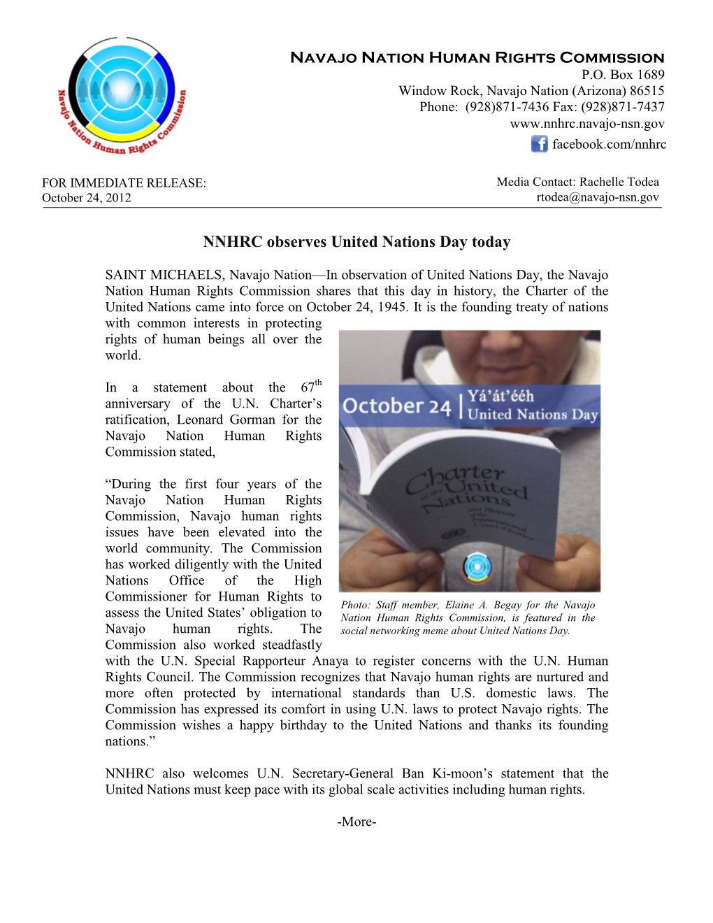 NNHRC Observes United Nations Day Today Navajo Nation Human Rights Commission