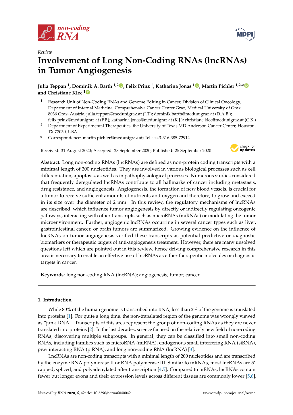 Involvement of Long Non-Coding Rnas (Lncrnas) in Tumor Angiogenesis