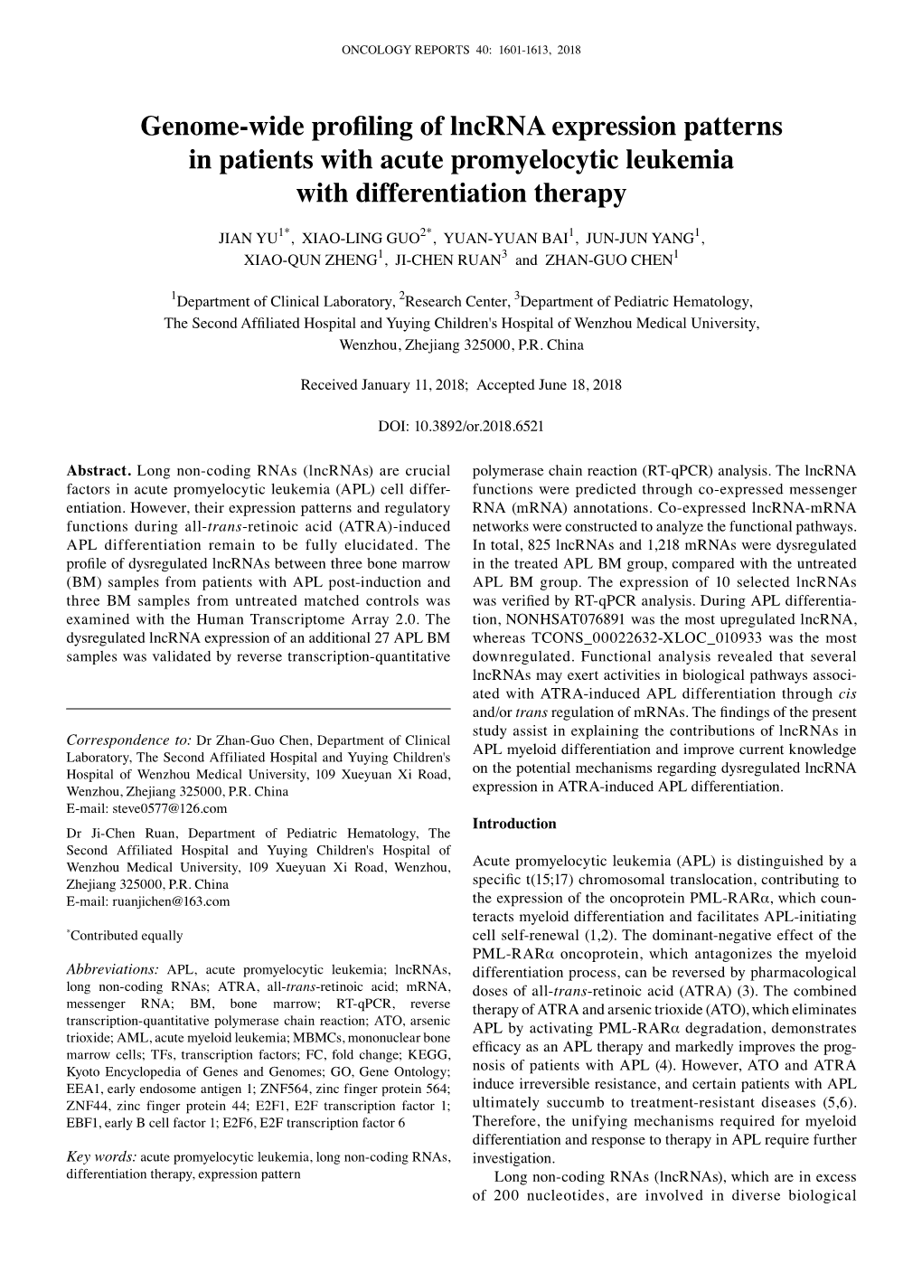 Genome‑Wide Profiling of Lncrna Expression Patterns in Patients with Acute Promyelocytic Leukemia with Differentiation Therapy