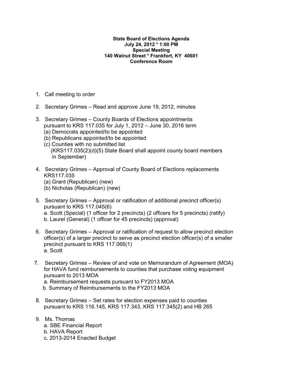 State Board of Elections Agenda