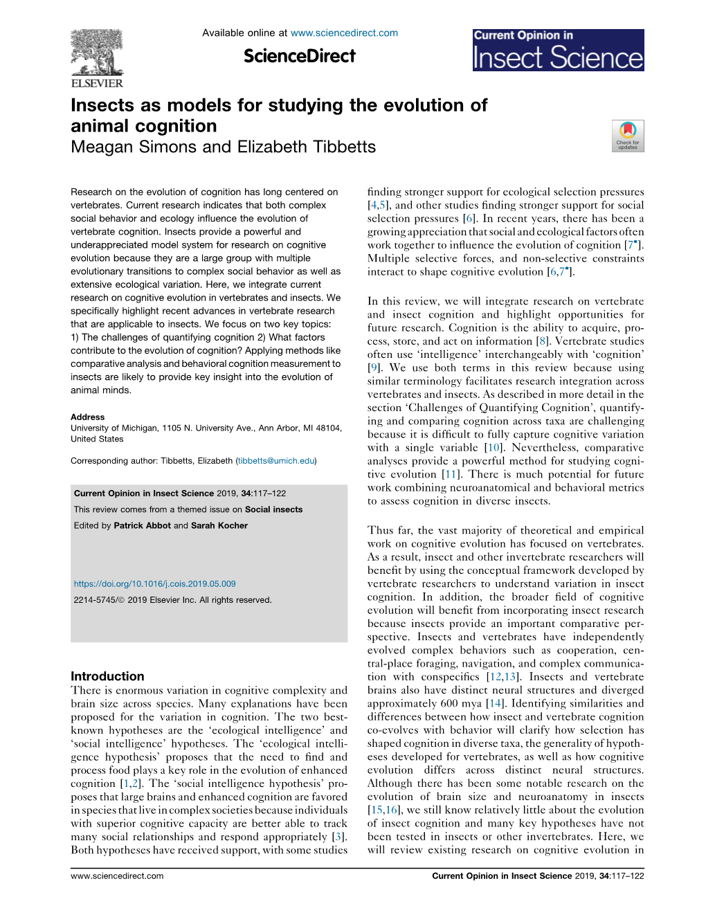 Insects As Models for Studying the Evolution of Animal Cognition