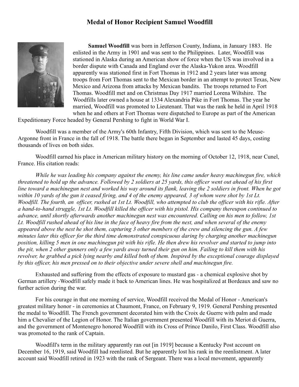 Medal of Honor Recipient Samuel Woodfill