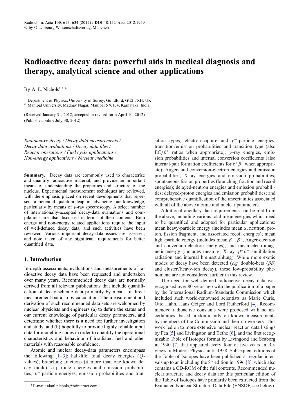 Radioactive Decay Data: Powerful Aids in Medical Diagnosis and Therapy, Analytical Science and Other Applications