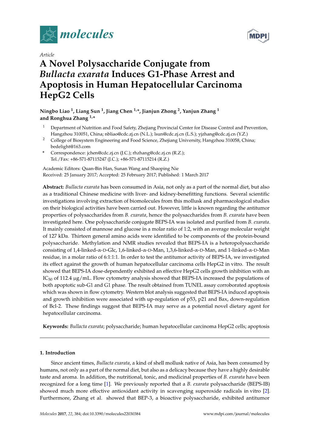 A Novel Polysaccharide Conjugate from Bullacta Exarata Induces G1-Phase Arrest and Apoptosis in Human Hepatocellular Carcinoma Hepg2 Cells