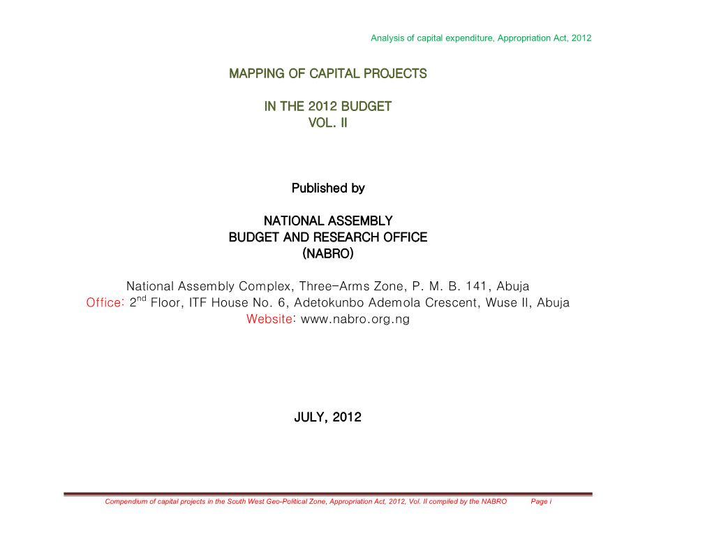 Mapping of Capital Projects in the 2012 Budget Vol. Ii