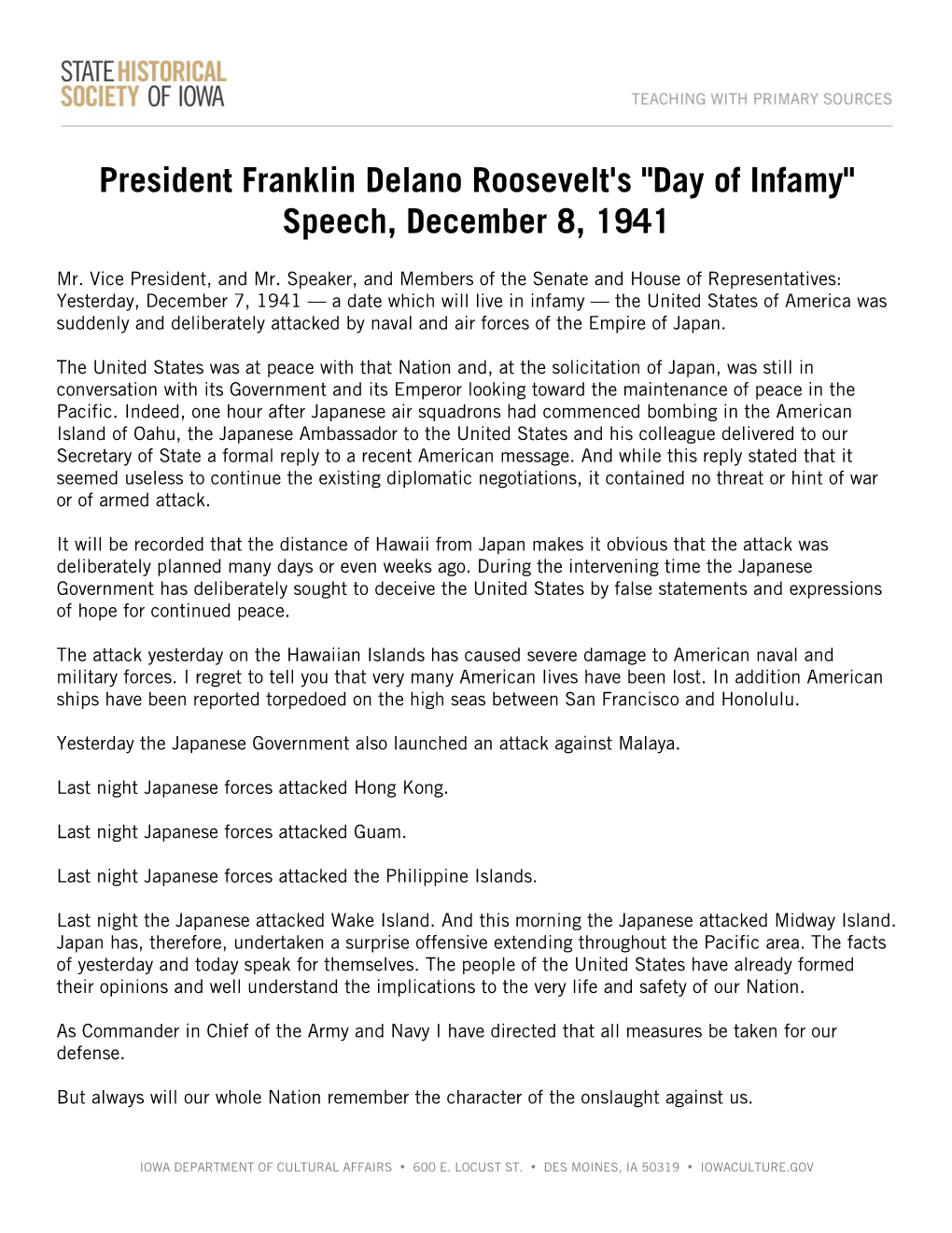 Transcript of President Franklin Delano Roosevelt's "Day of Infamy"