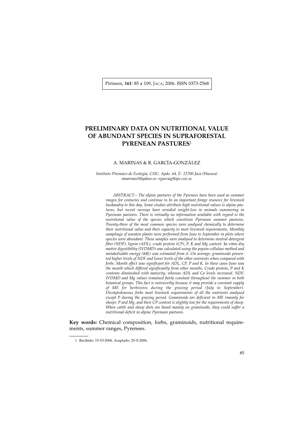 Preliminary Data on Nutritional Value of Abundant Species in Supraforestal Pyrenean Pastures1