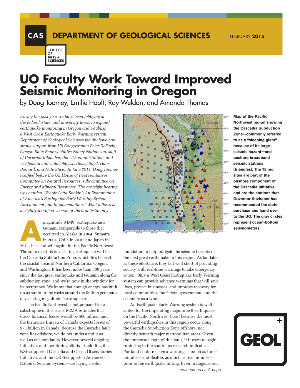 UO Faculty Work Toward Improved Seismic Monitoring in Oregon by Doug Toomey, Emilie Hooft, Ray Weldon, and Amanda Thomas