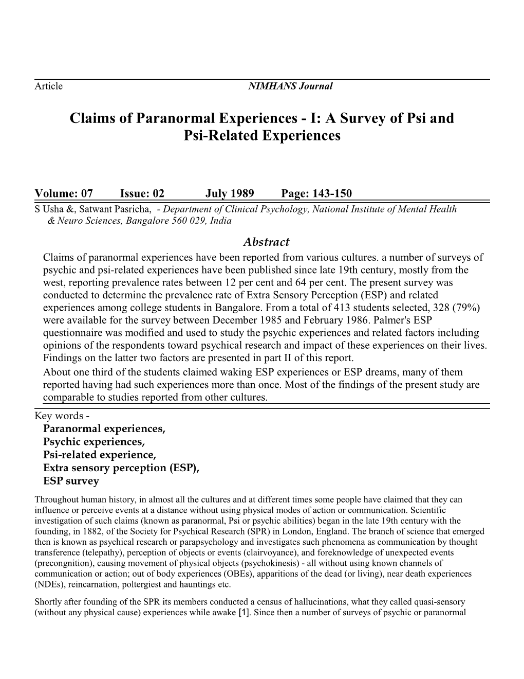 Claims of Paranormal Experiences - I: a Survey of Psi and Psi-Related Experiences