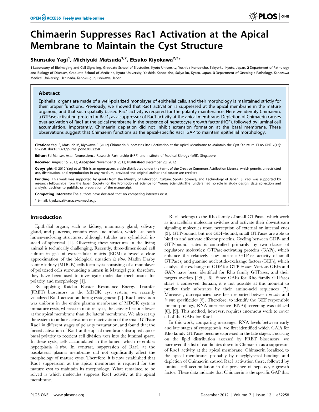 Chimaerin Suppresses Rac1 Activation at the Apical Membrane to Maintain the Cyst Structure