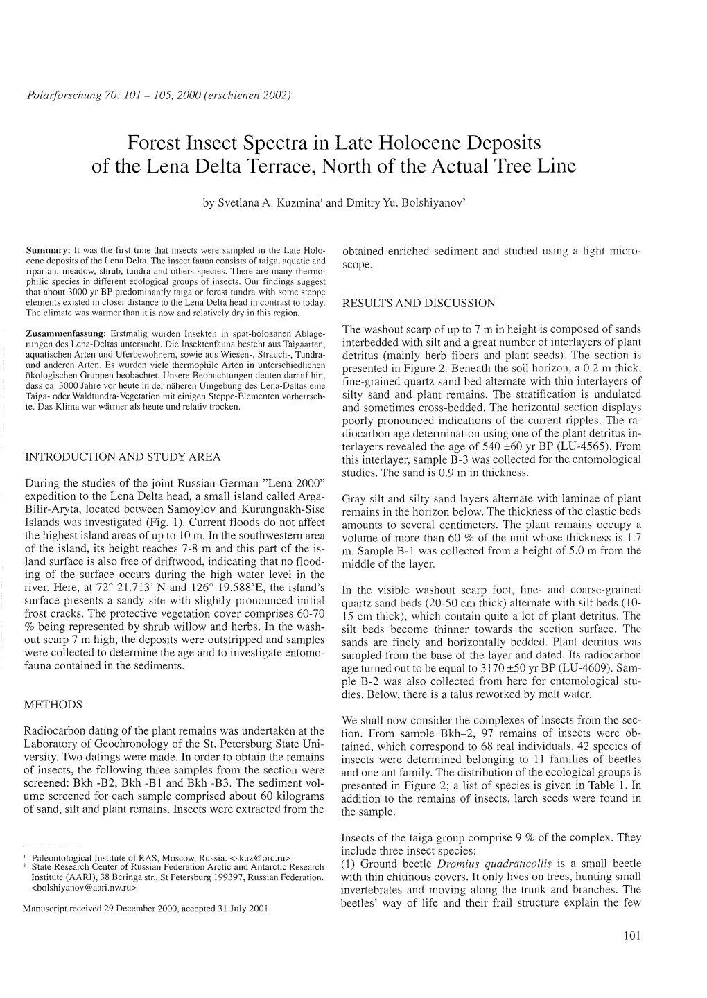 Forest Insect Spectra in Late Holocene Deposits of the Lena Delta Terrace, North of the Actual Tree Line