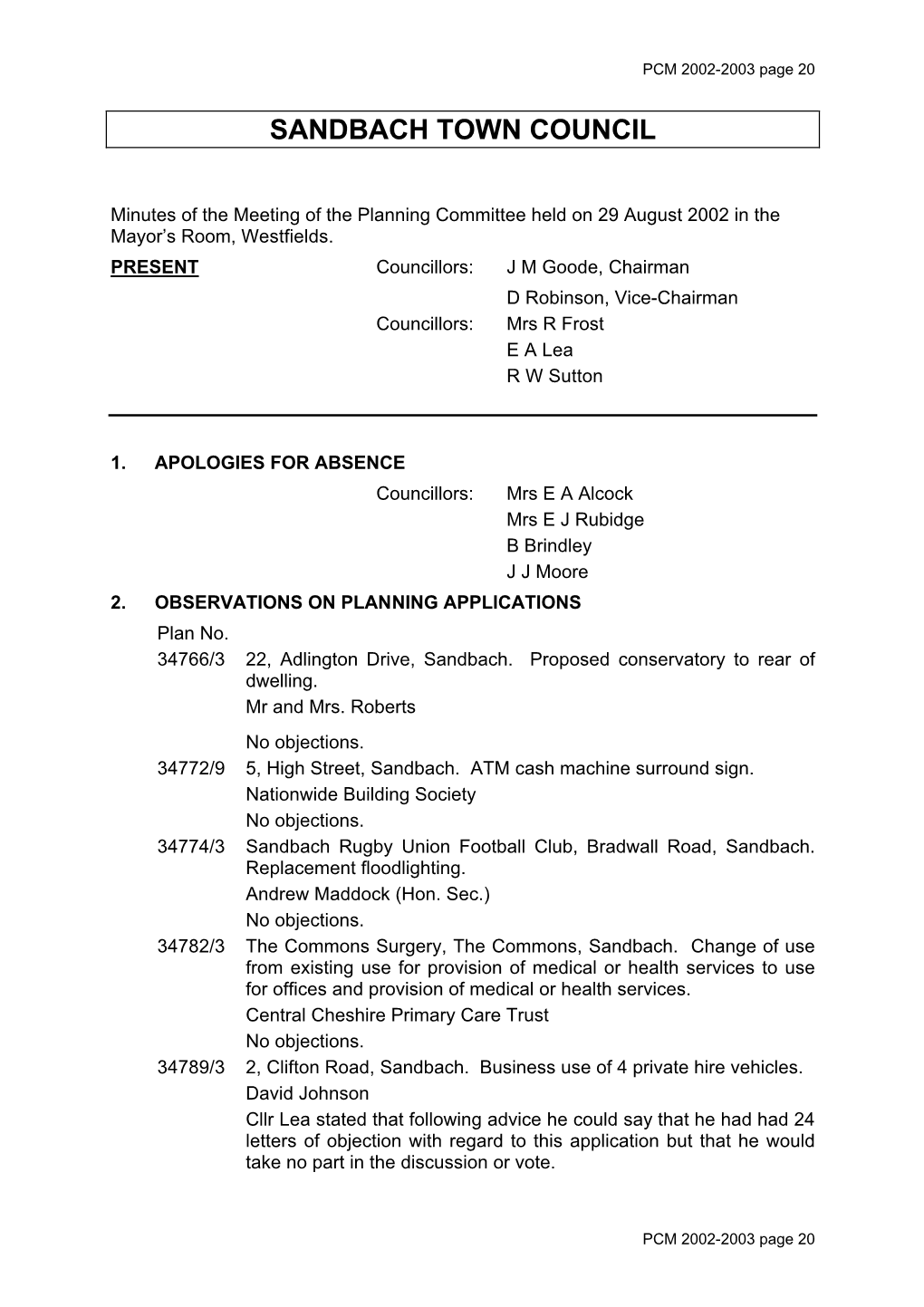 Planning Committee Meeting Minutes 29 August 2002