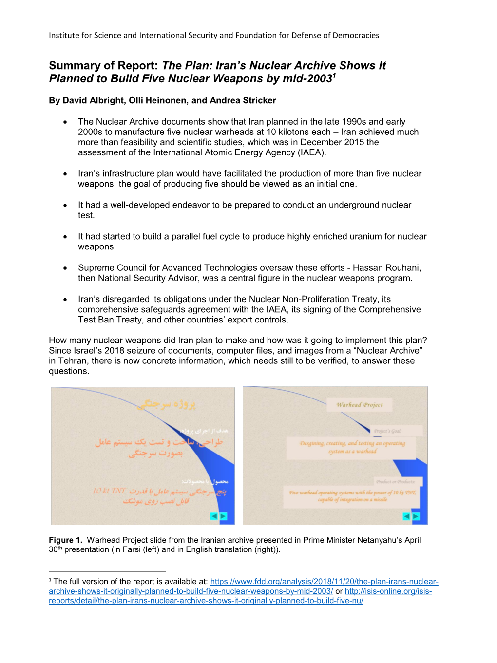 Summary of Report: the Plan: Iran's Nuclear Archive Shows It Planned