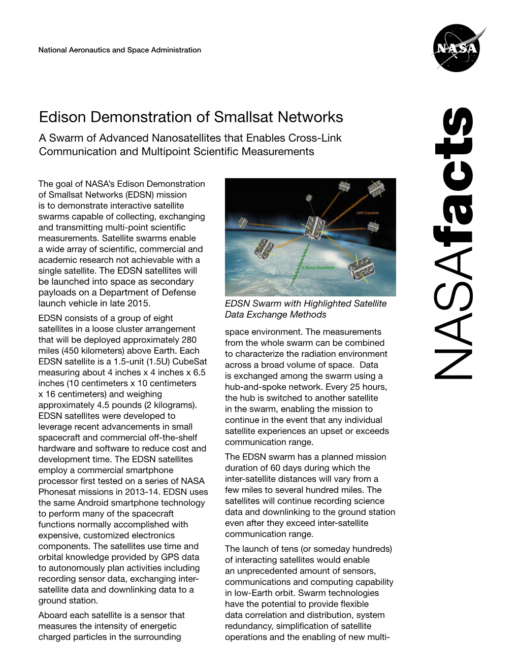 Edison Demonstration of Smallsat Networks a Swarm of Advanced Nanosatellites That Enables Cross-Link Communication and Multipoint Scientific Measurements